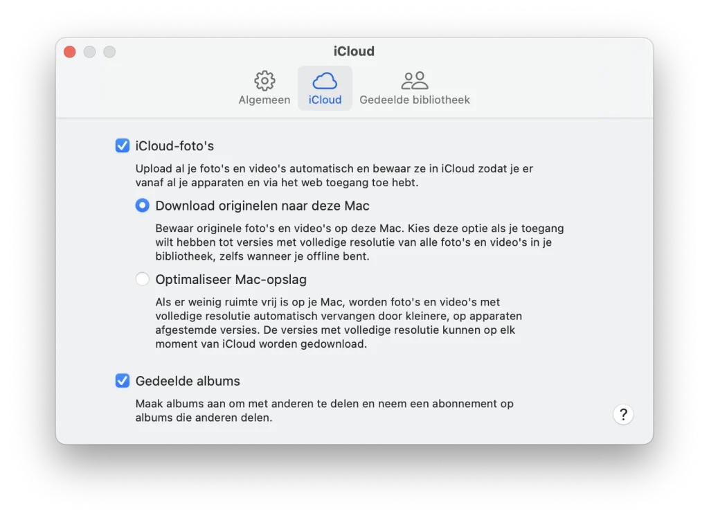 iCloud Fotos settings